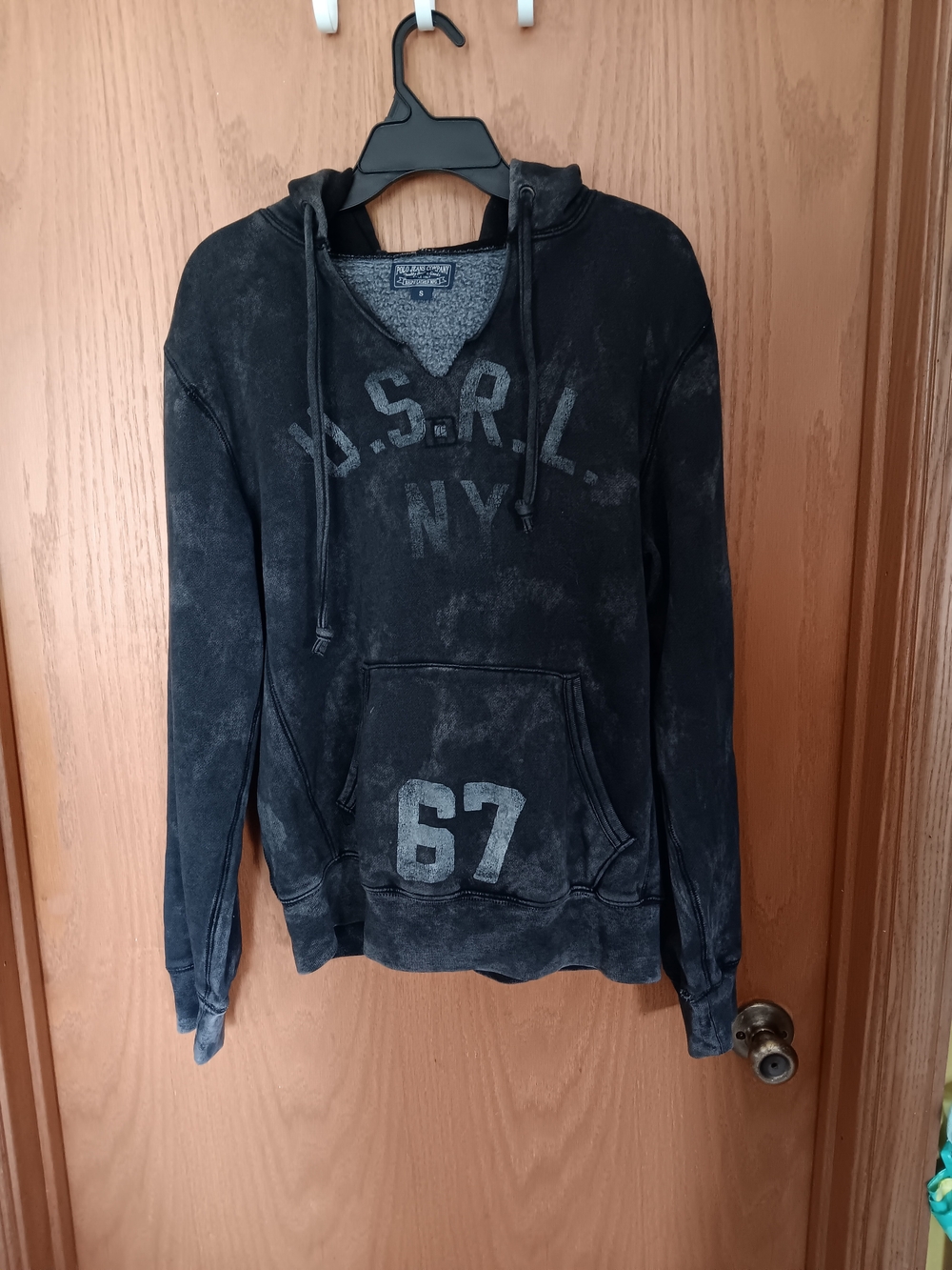 Polo by Ralph Lauren Distressed Black V-Neck Pullover Hoodie